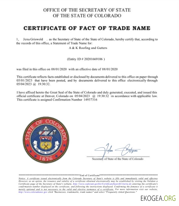 USA Colorado Certificat de fait du nom commercial